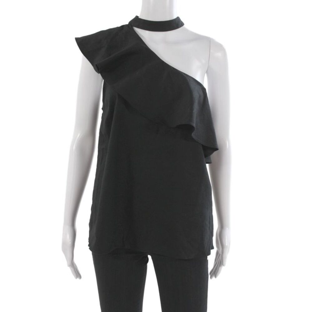 L'Academie Women Black Mock Neck Sleeveless Top Linen Blend Size M